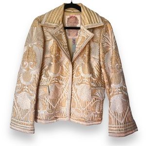 Johnny Was Biya Collection Gold 100% Silk Floral Embroidered Bell Sleeve Jacket